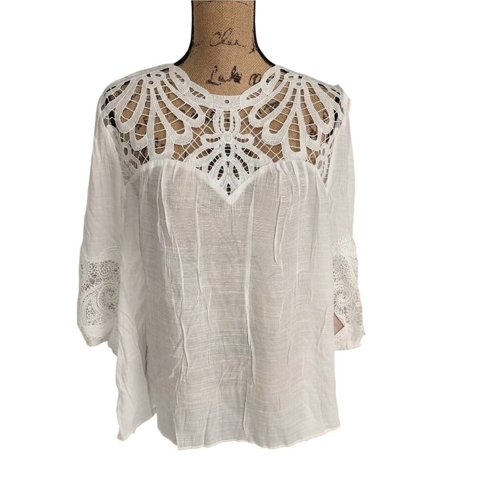 Indigo Rose White Crochet Lace Peasant Blouse Plus Size 3X Boho V-Neck Top